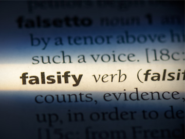 Graphical image of the definition of falsify. 