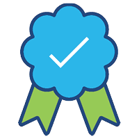 blue ribbon with check mark icon